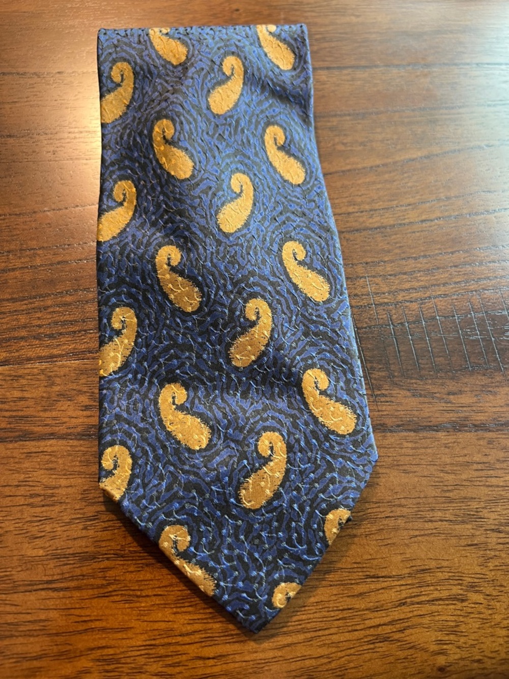 Vintage Giorgio Armani Navy Silk Tie with Gold Paisley Motifs